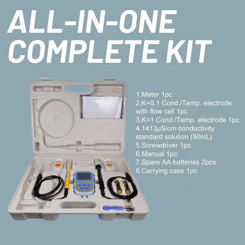 High Accuracy Pure Water Portable EC/TDS/SALT/TEMP/Resistivity Meter Kit With Cell 0.1 And 1 EC Sensors Flow Cell For Boiler