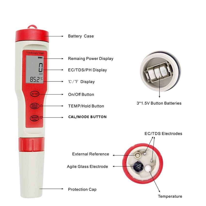New pH meter TDS pH EC Temperature 4-in-1 Water quality detector Conductivity tds water test pen