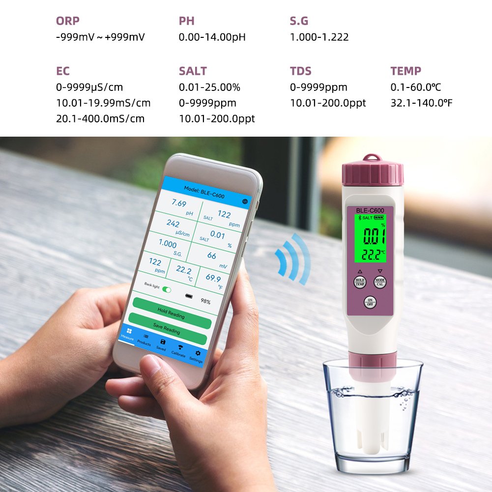 7 in 1 Temp ORP EC TDS Salinity S.G PH Meter Online Blue Tooth Water Quality Tester APP Control for Drinking Laboratory Aquarium