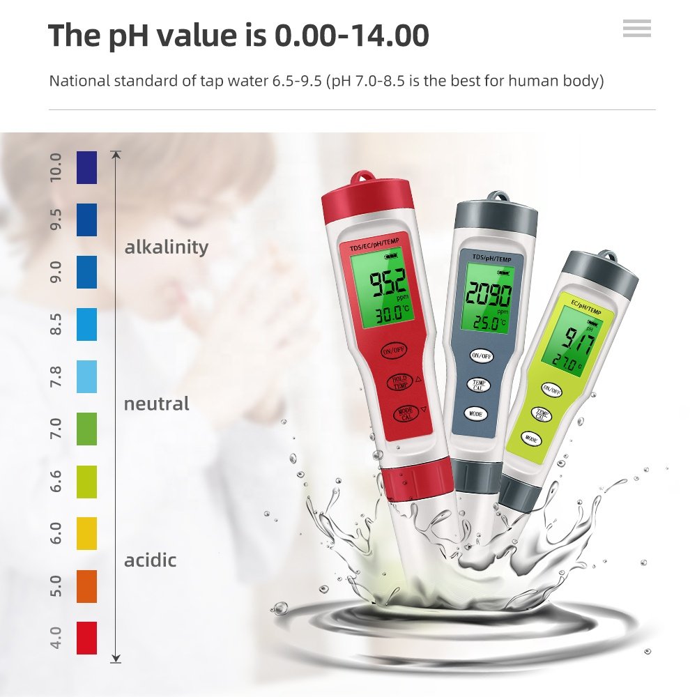 Water Quality Tester 0-14pH 3 in 1 Digital Temperature EC PH Meter with Backlight for Aquariums Drinking Water