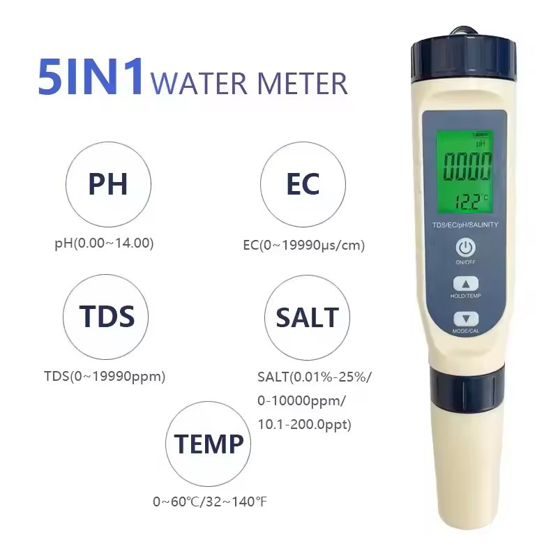 Multi-functional 5-in-1 PH/EC/TDS/SALT/TEMP water meters testing seawater drinking water swimming pool