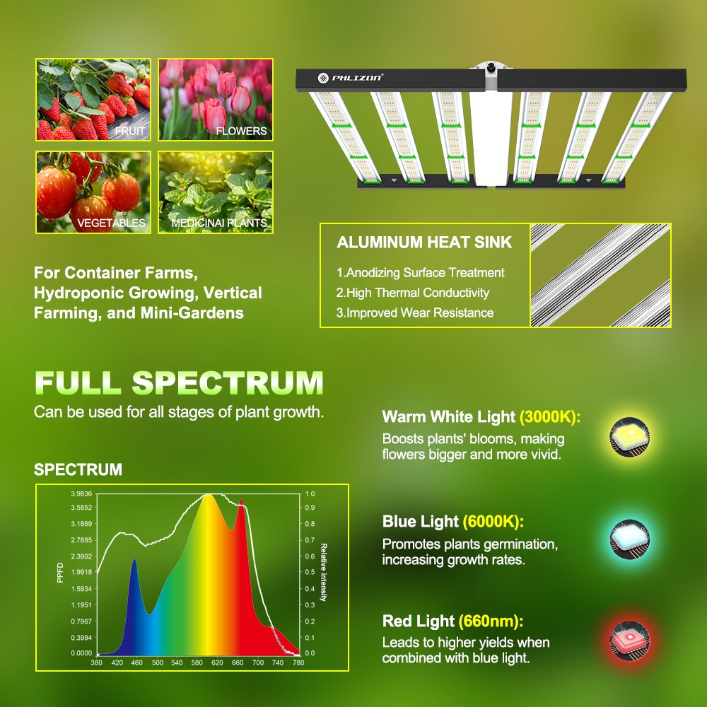 Phlizon New Tech Aluminum Folding Bar Grow Light 720W 800W 1000W LED Hydroponic Light Dimmable Horticulture led grow lights