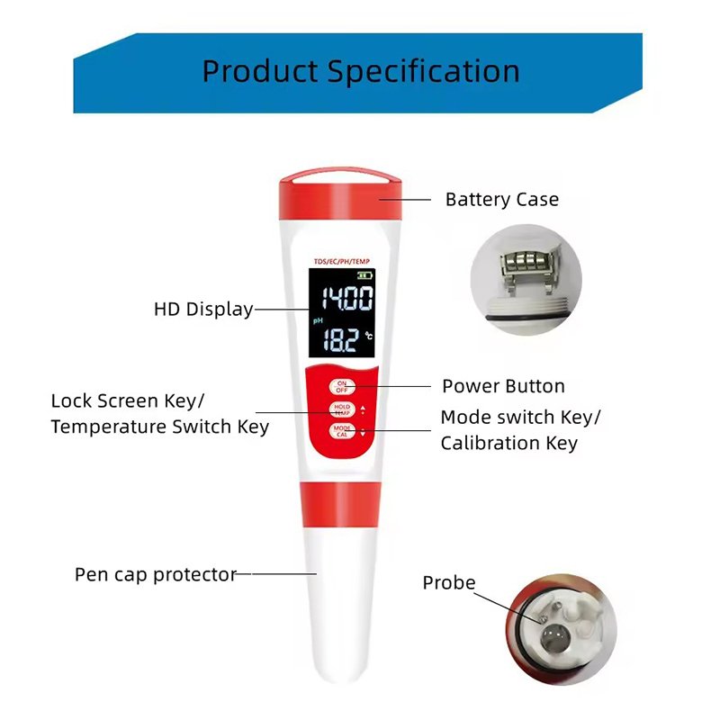 High Accuracy Pen-Type Ph Meter 4 In 1 Water Quality Tester Tds Water Quality Monitoring Sensor