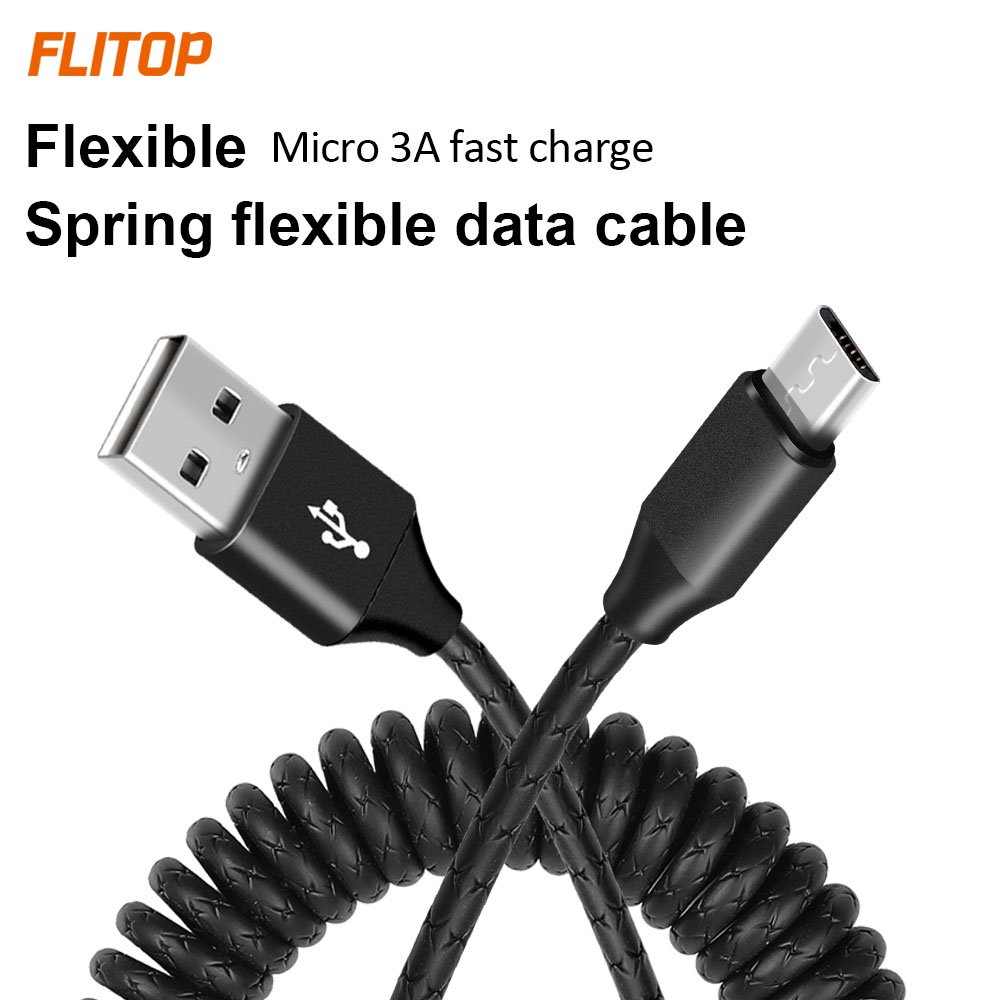 PU Coil Retractable 1.8 meter Long and Strong Fast Charging Micro USB data cable Black Color for Samsung Huawei Xiaomi Mobile Ph