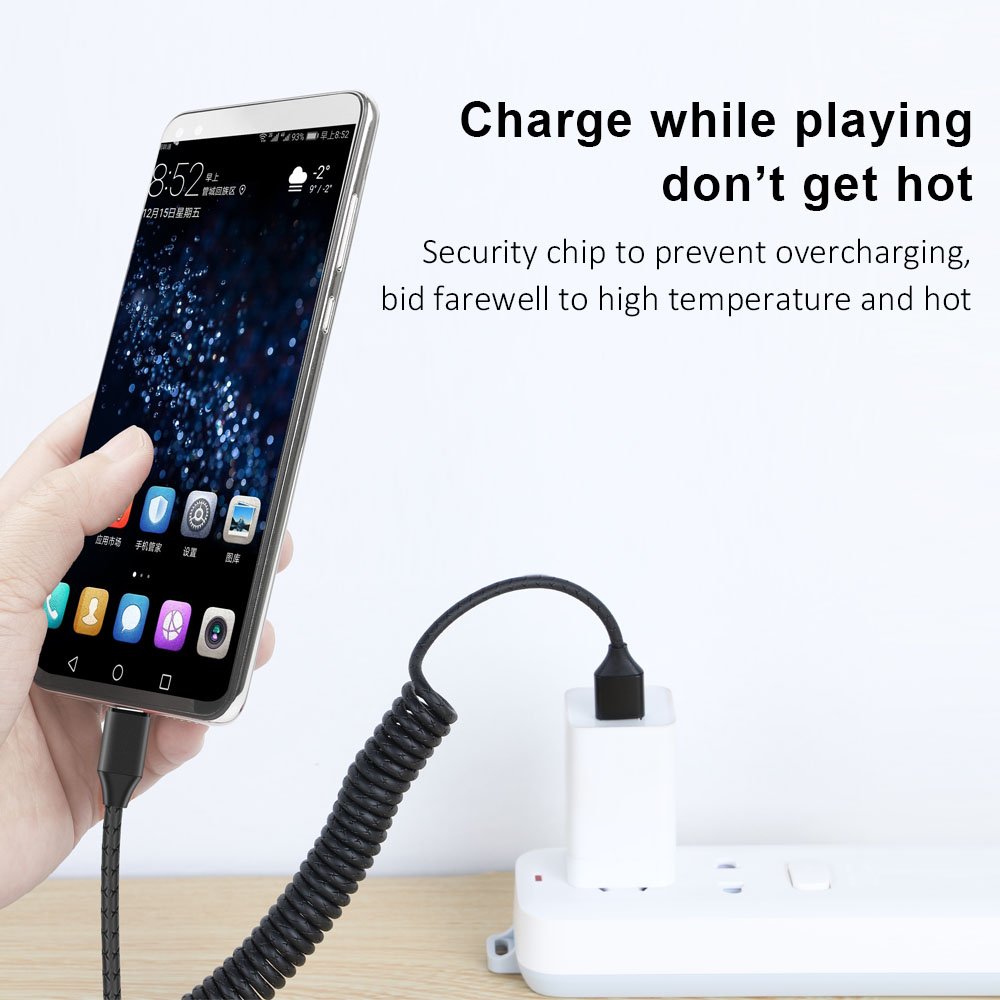 PU Coil Retractable 1.8 meter Long and Strong Fast Charging Micro USB data cable Black Color for Samsung Huawei Xiaomi Mobile Ph