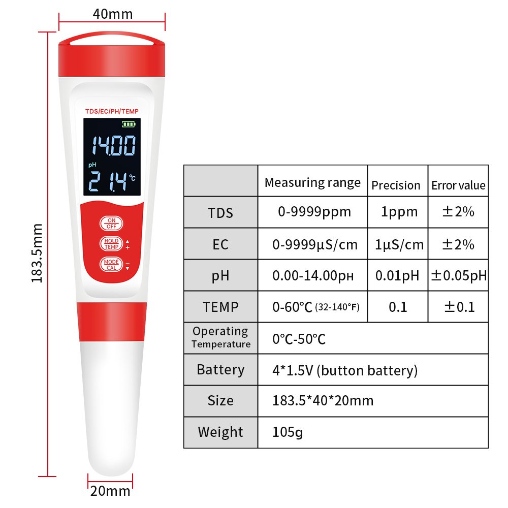 4 In 1 Water Quality Test Pen IP67 Waterproof PH Meter TDS EC Temp Water Detector For Swimming Pool
