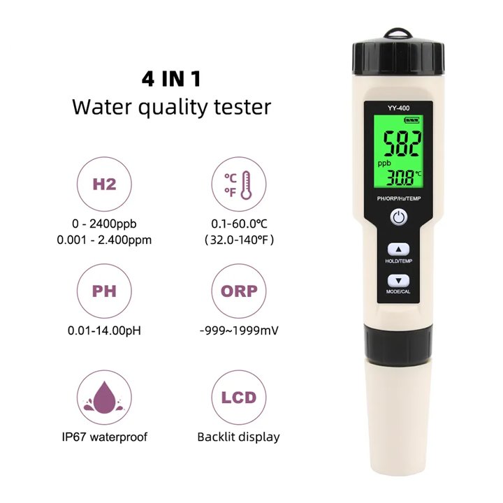 Portable YY-400 PH / ORP / H2 & TEM Hydrogen Ion Concentration Water Quality Test Pen 4 in 1 PH Meter Tester