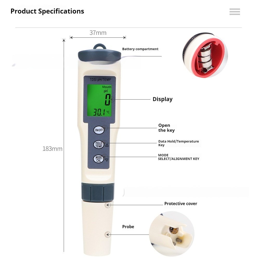 Versatile Water Quality Tester TDS pH and Temperature with Illuminated Display