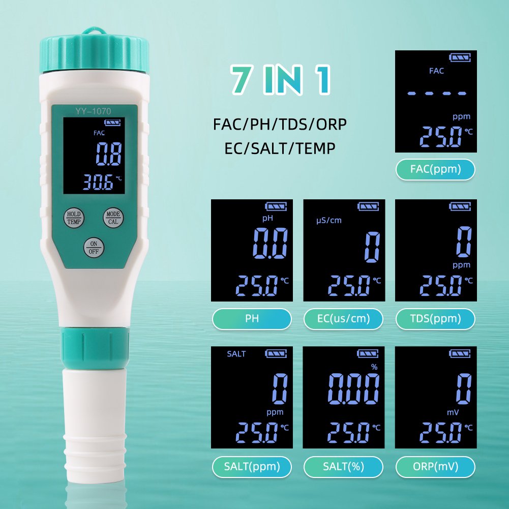 7 in 1 Chlorine Tester ORP/EC/TDS/Salinity/Temp/FAC Digital pH Meter for Swimming Pool Aquarium Hydroponic Spa
