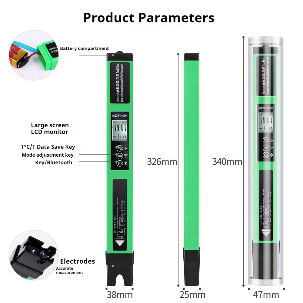 Multi-Functional Bluetooth Testing Pen pH Meter for Hydroponics with pH/EC/CF/TDS/TEMP