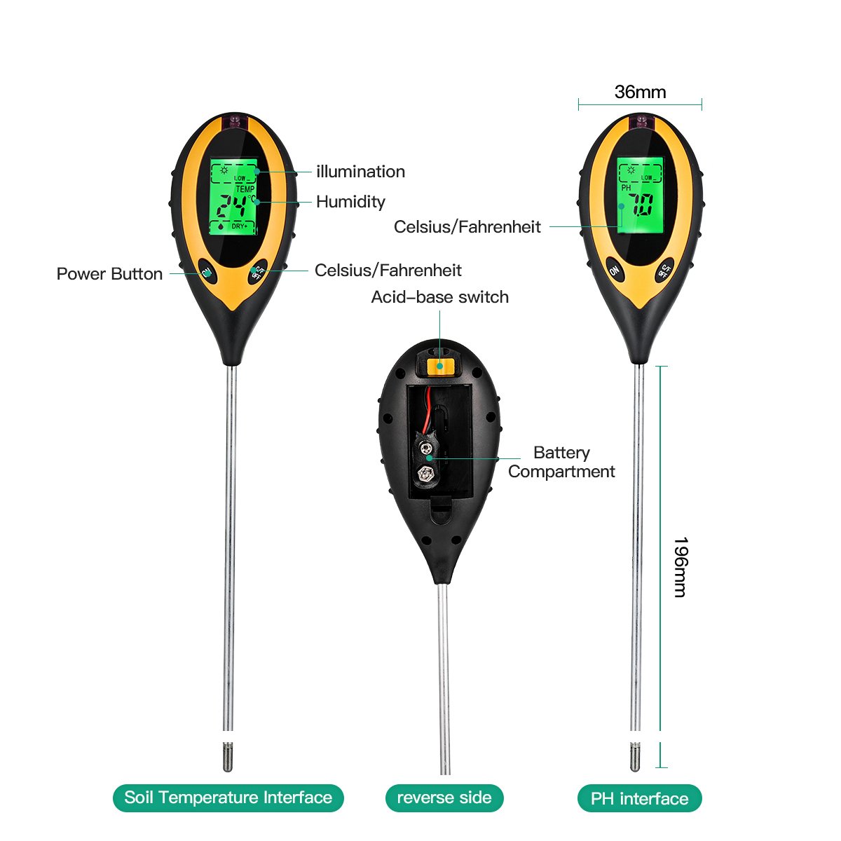 MC Digital 4 In 1 Soil Survey Instrument PH Meter Moisture Monitor Temperature Sunlight Tester for Gardening Plants Farming