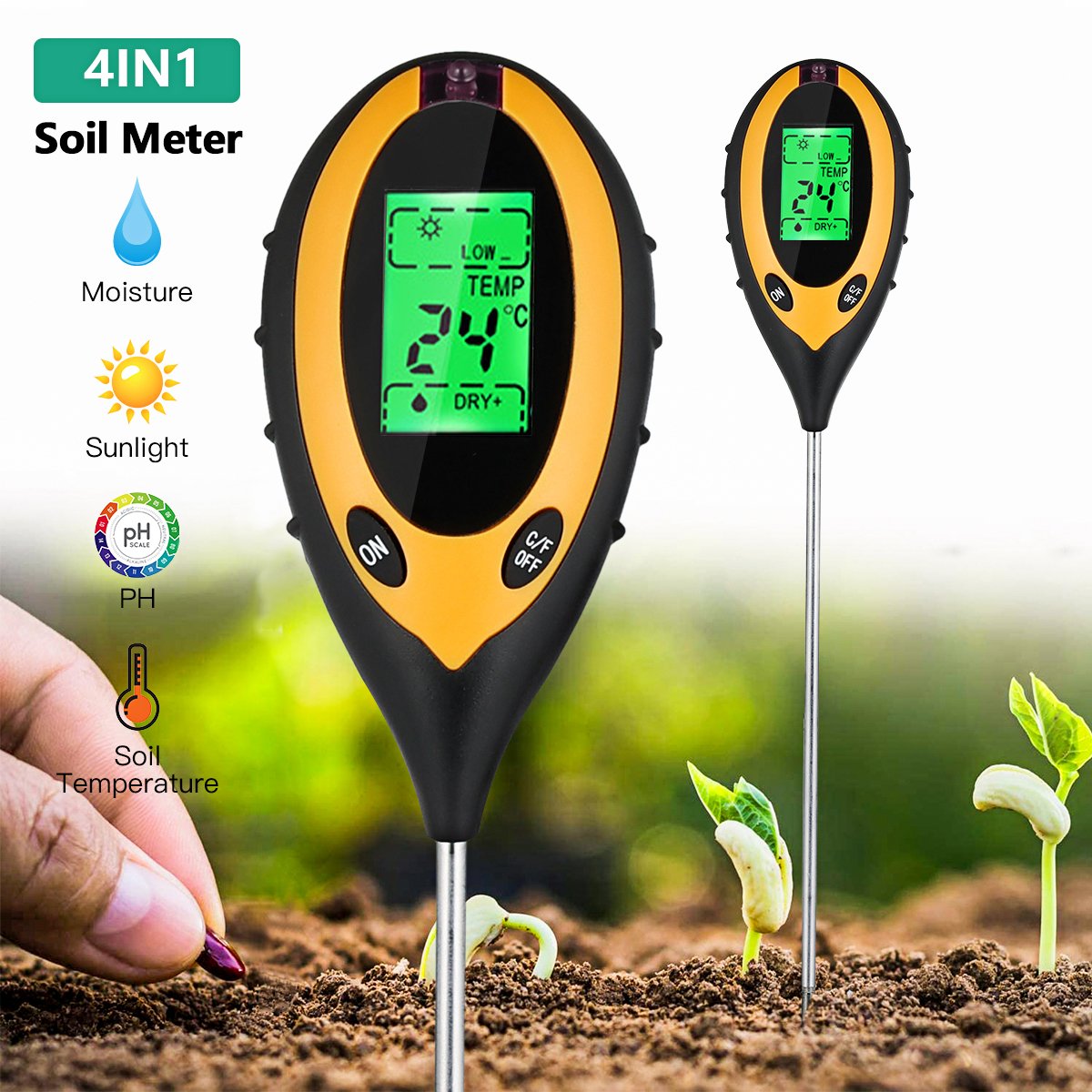 MC Digital 4 In 1 Soil Survey Instrument PH Meter Moisture Monitor Temperature Sunlight Tester for Gardening Plants Farming