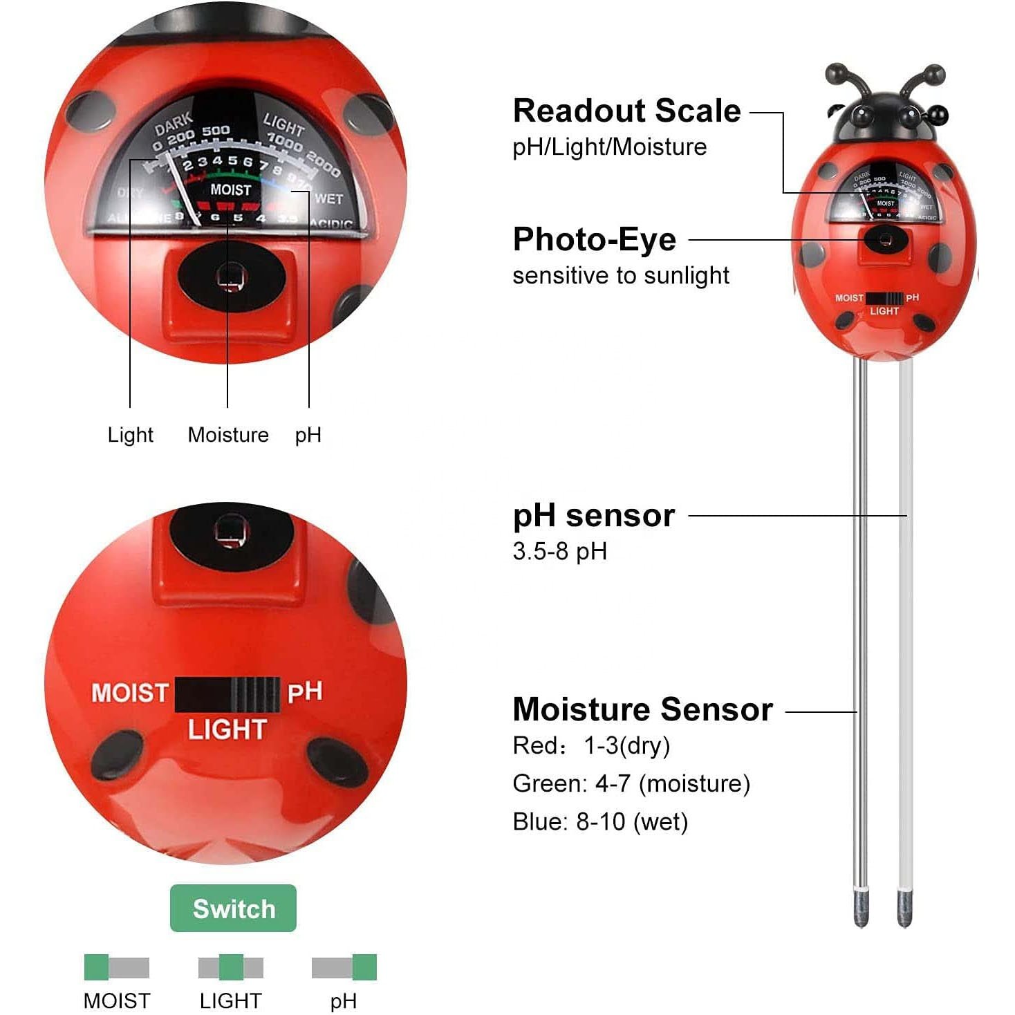 Soil Tester 3 in 1 3 in 1 Soil Meter, Soil PH/Light/Moisture testing kit soil test kit for plants indoor and outdoor