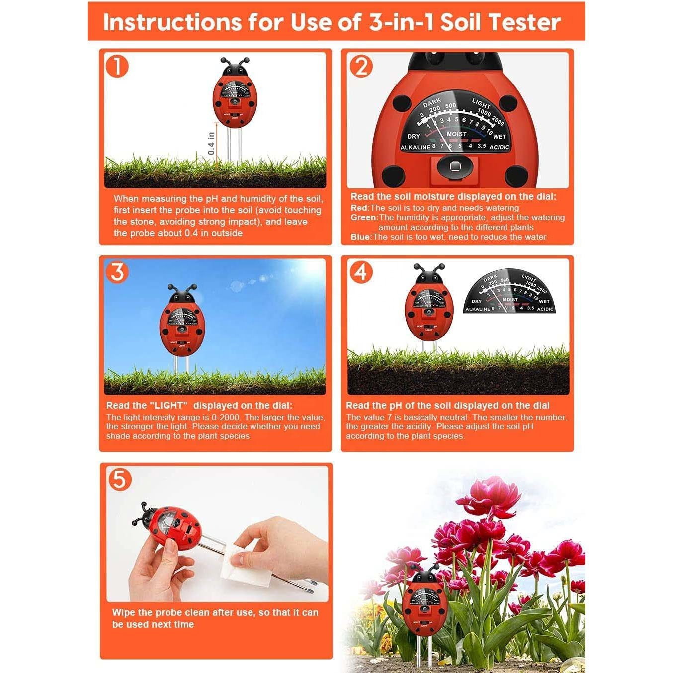 Soil Tester 3 in 1 3 in 1 Soil Meter, Soil PH/Light/Moisture testing kit soil test kit for plants indoor and outdoor