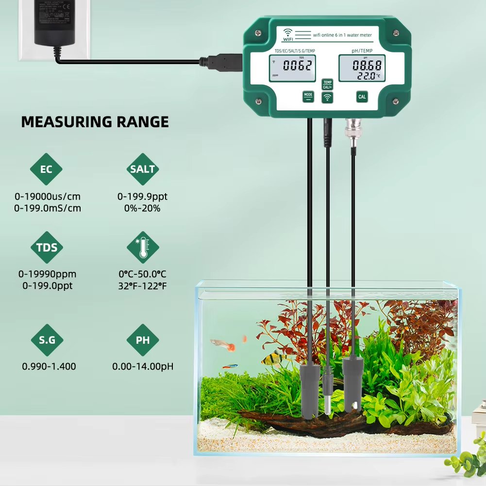 Smart Tuya Wifi Water Quality Detector With Data Logger Function 6 IN 1TDS.EC.PH.Salinity .G.S.Temp PH Meter