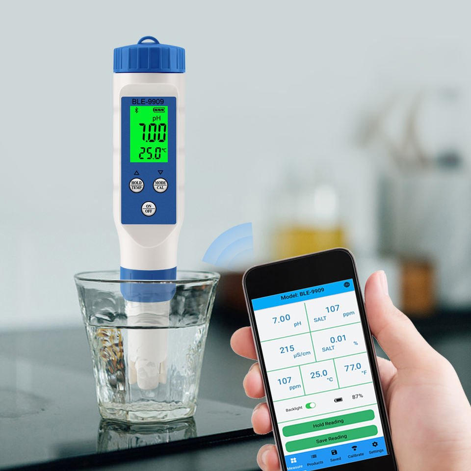 Smart Blue Tooth 5 in 1 PH/EC / TDS / Salinity / TEMP Tester BLE-9909 PH Meter Powered by YINMIK Mobile App