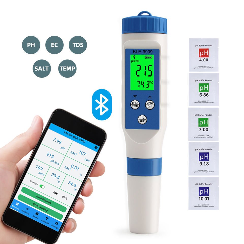 Smart Blue Tooth 5 in 1 PH/EC / TDS / Salinity / TEMP Tester BLE-9909 PH Meter Powered by YINMIK Mobile App