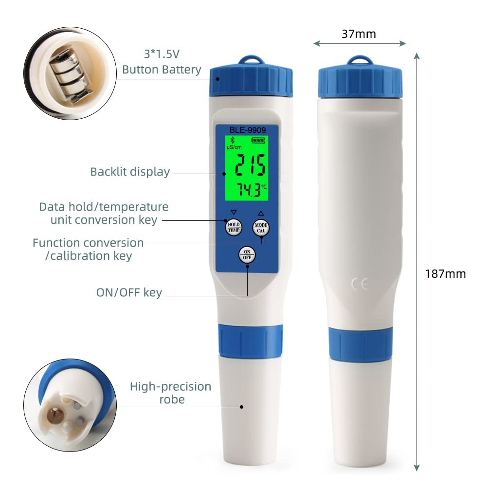 5-in-1 Bluetooth pH/TDS/EC/Salinity/Temperature Meter Digital Water Quality Monitor Tester Meter for Pools, Drinking Water