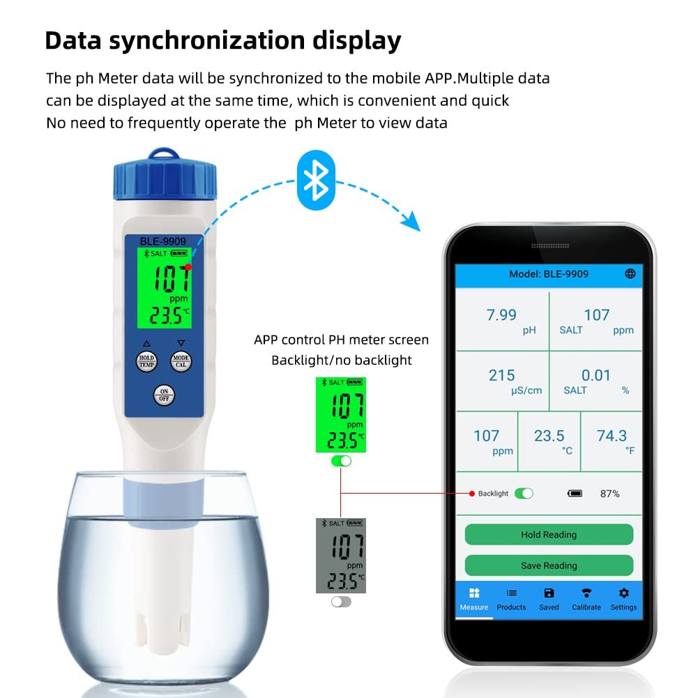 5-in-1 Bluetooth pH/TDS/EC/Salinity/Temperature Meter Digital Water Quality Monitor Tester Meter for Pools, Drinking Water