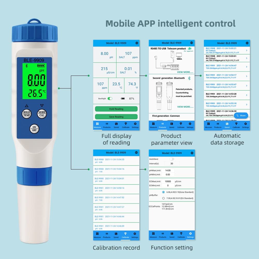 5-in-1 Bluetooth pH/TDS/EC/Salinity/Temperature Meter Digital Water Quality Monitor Tester Meter for Pools, Drinking Water