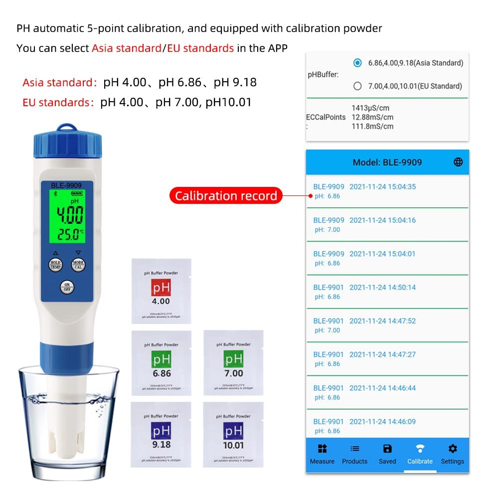 5-in-1 Bluetooth pH/TDS/EC/Salinity/Temperature Meter Digital Water Quality Monitor Tester Meter for Pools, Drinking Water