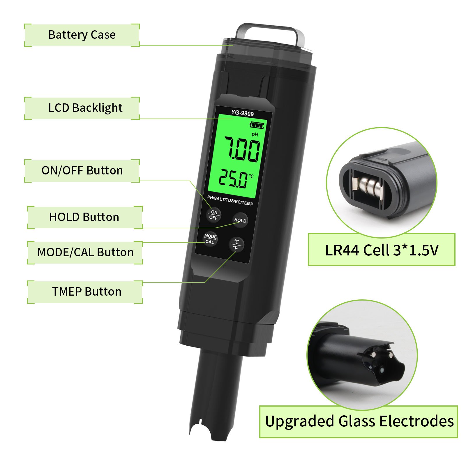 New Large LCD backlit Sreen 5 in 1 PH/Salinity /EC/TDS/TEMP Saltwater Pool Salinity Tester Drinking Water pH Meter