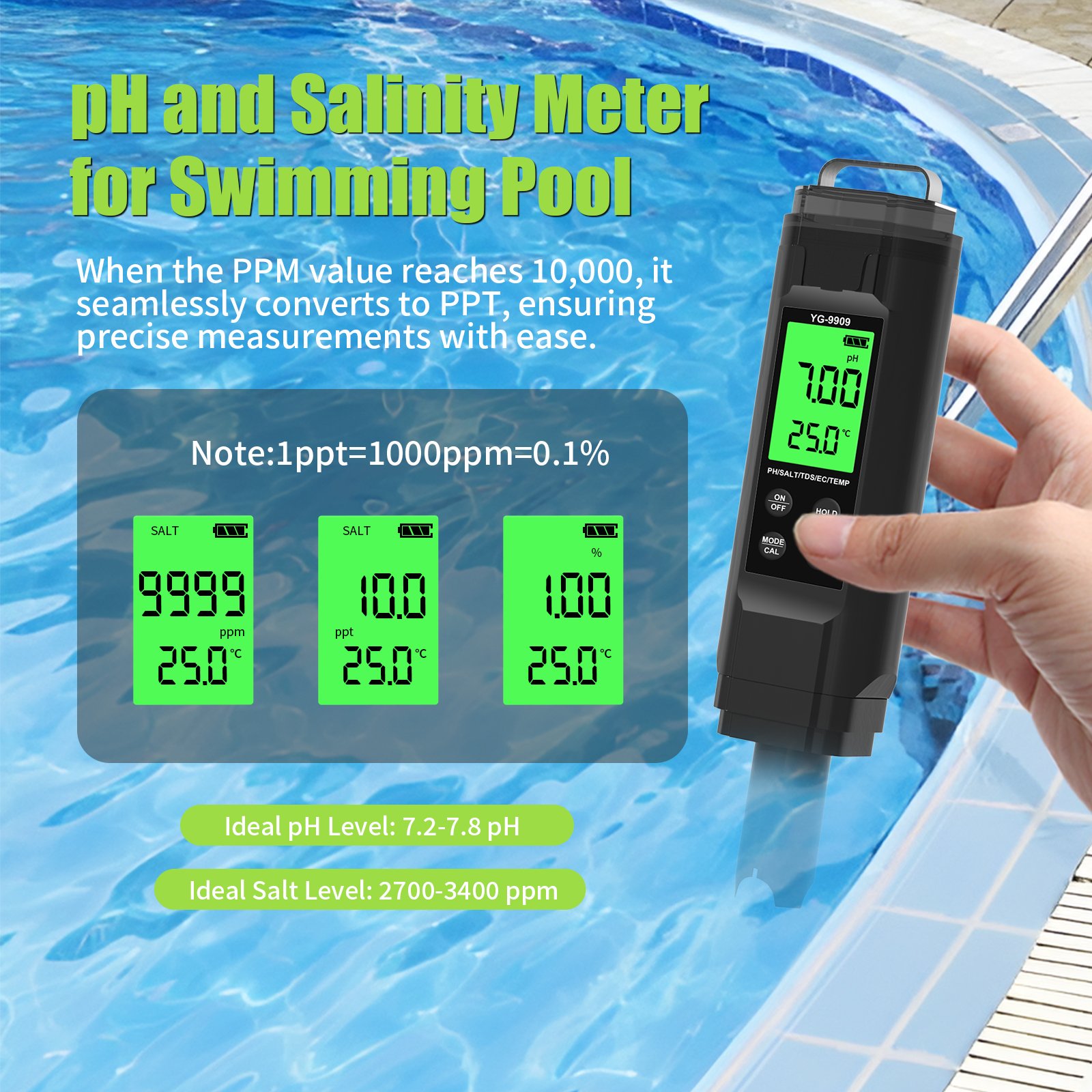 New Large LCD backlit Sreen 5 in 1 PH/Salinity /EC/TDS/TEMP Saltwater Pool Salinity Tester Drinking Water pH Meter