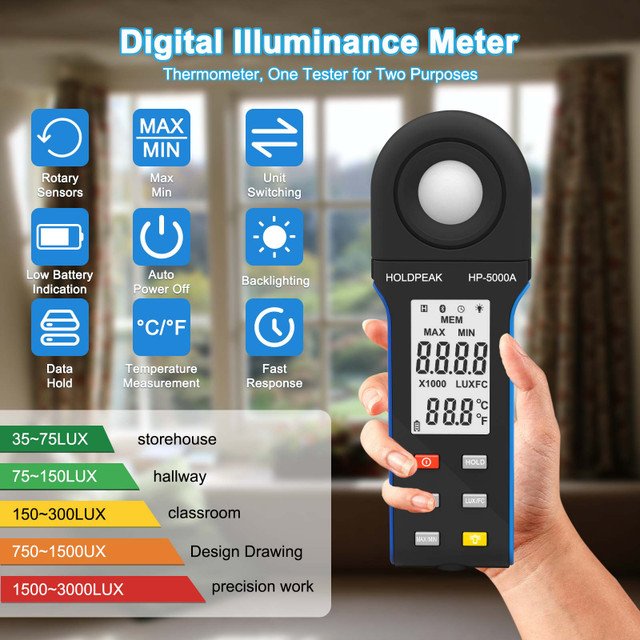 HOLDPEAK HP-5000A DIGITAL LIGHT METER 1-400000LUX ILLUMINANCE METER FOR PLANTS PHOTOGRAPHY LAB CLASSROOM BEDROOM