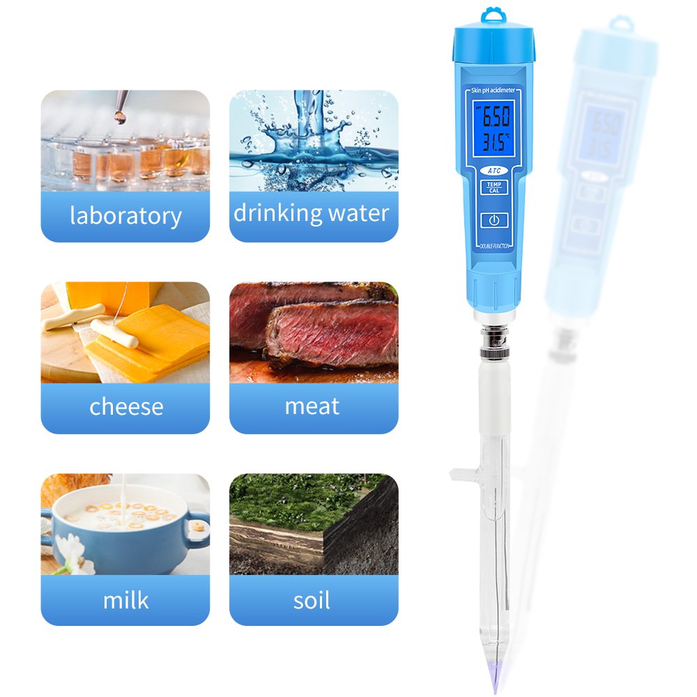 High Precision Digital 2 in 1 pH Temp Meter, Skin pH Acid meter for Meat, Cosmetic Water