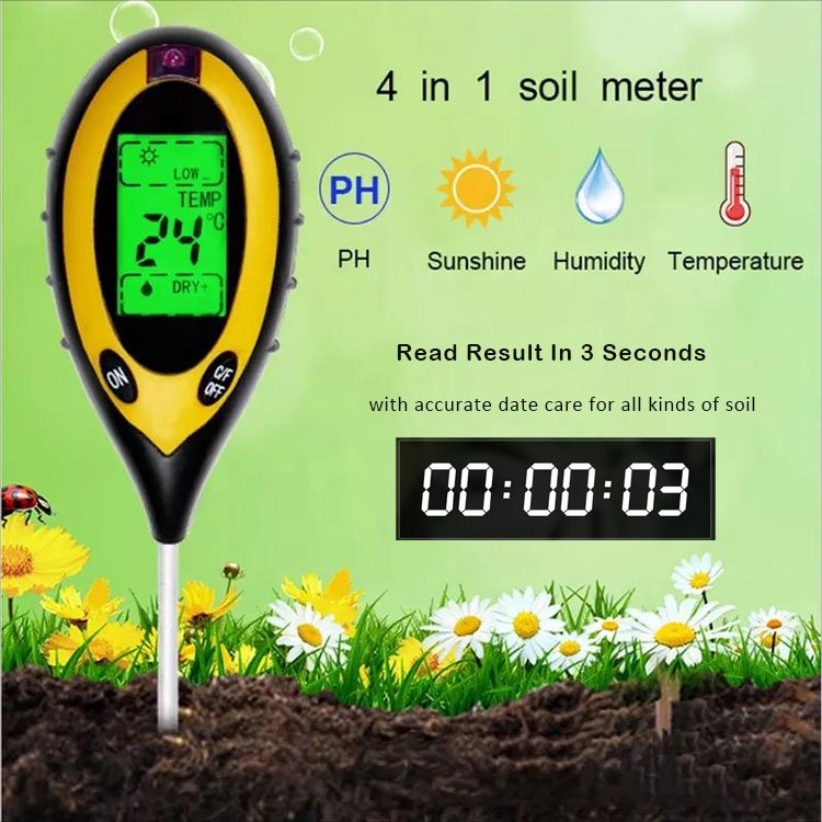 Soil PH Meter 4 IN 1 PH/Temperature/Moisture/Sunlight Tester Garden Plant Flower Digital Soil PH Meter