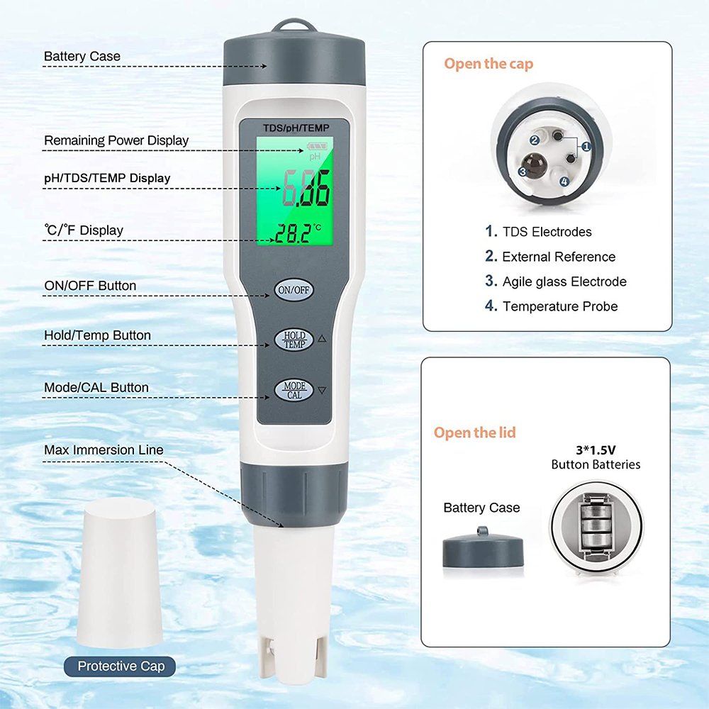 10 in 1 Digital PH Meter Water, H2/TDS/EC/PH/SALT/S.G/ORP/TEMP/Res.m/Fertile Water Quality Monitor Tester