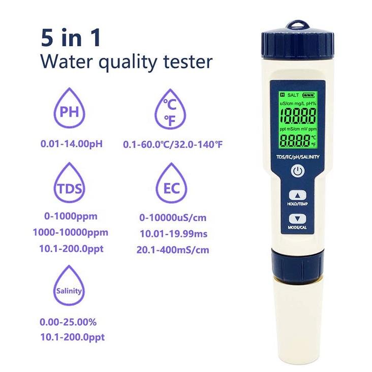 High Quality Ph Ec Tds Temperature Salinity Best Salt Water Pool 5 In1 Tester