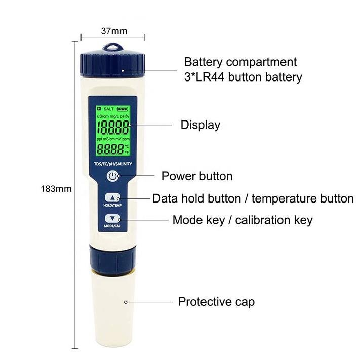 High Quality Ph Ec Tds Temperature Salinity Best Salt Water Pool 5 In1 Tester