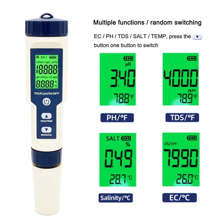 High Quality Ph Ec Tds Temperature Salinity Best Salt Water Pool 5 In1 Tester