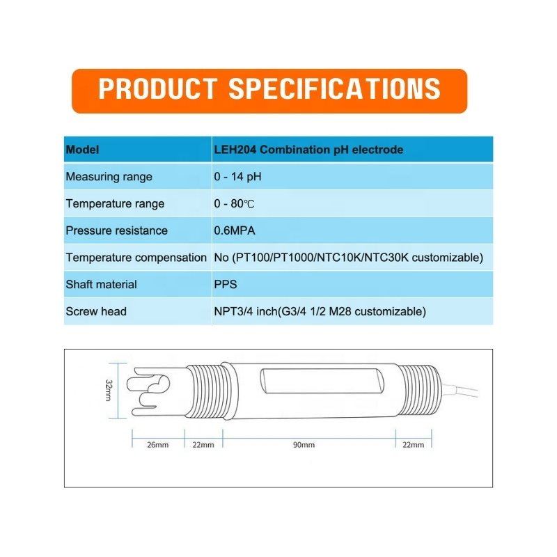 Durable Submersible pH Electrode PPS Material pH Sensor NPT3/4 Non-Refillable pH Combination Probe For Fish Farm Wastewater
