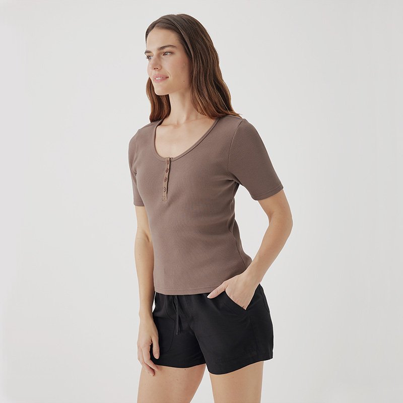 Custom Women 2024 Summer Henley Tunic Top V Neck Short Sleeve Button UP Solid Slim Fit Casual Bamboo Ribbed Knit Shirt Blouses