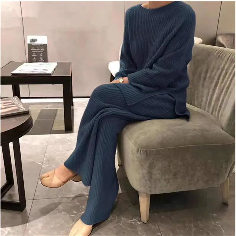 Custom Designer Casual Winter Women's Knitted Two Piece Sweater Set Including Pants Suits Pajamas