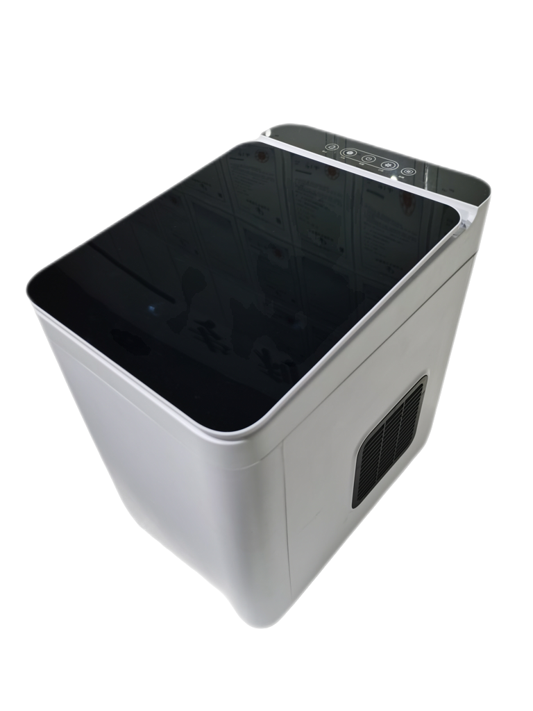 Small portable ice maker with novel large glass with bullet shaped 9 ice lattice is often used in home kitchens