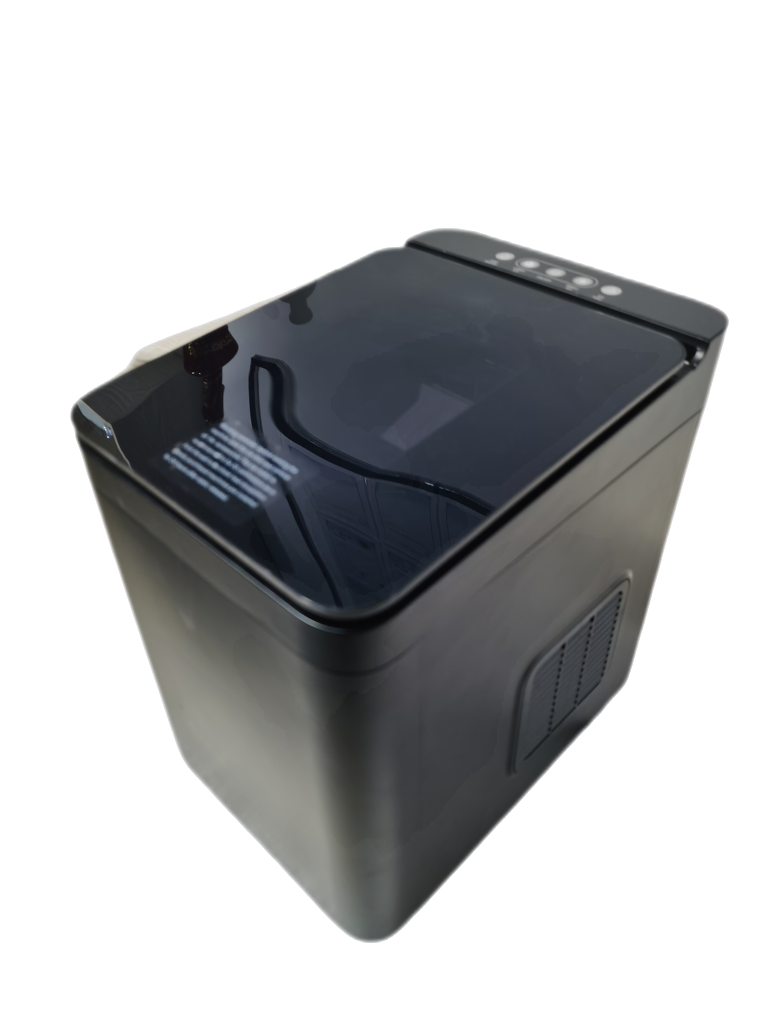 Small portable ice maker with novel large glass with bullet shaped 9 ice lattice is often used in home kitchens