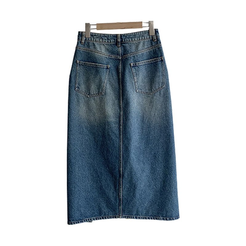 Wholesale Hot Selling High Waist Irregular Side Split Midi Long Denim Skirt Solid Color Custom Logo Lady Jean Skirt