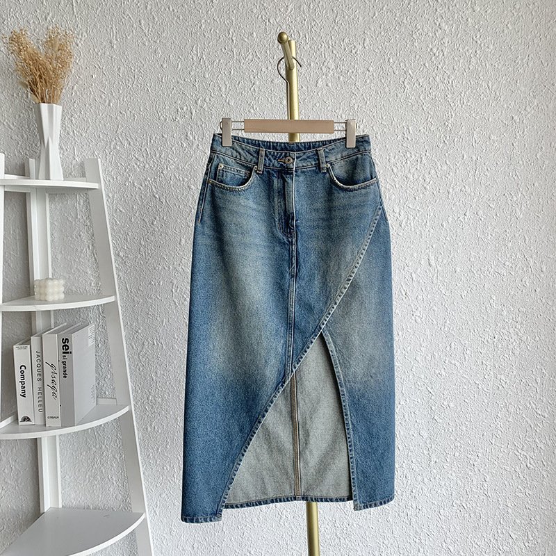 Wholesale Hot Selling High Waist Irregular Side Split Midi Long Denim Skirt Solid Color Custom Logo Lady Jean Skirt
