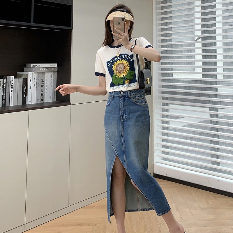 Wholesale Hot Selling High Waist Irregular Side Split Midi Long Denim Skirt Solid Color Custom Logo Lady Jean Skirt