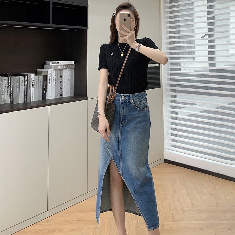 Wholesale Hot Selling High Waist Irregular Side Split Midi Long Denim Skirt Solid Color Custom Logo Lady Jean Skirt
