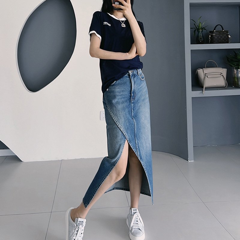 Wholesale Hot Selling High Waist Irregular Side Split Midi Long Denim Skirt Solid Color Custom Logo Lady Jean Skirt