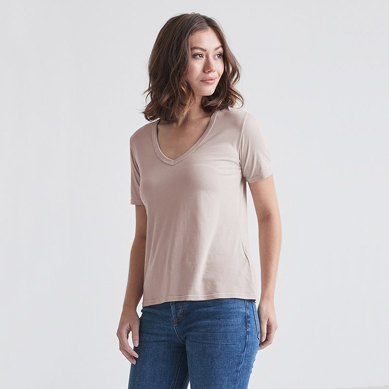 Custom Short Sleeve with Slightly Dropped Shoulders Semi-deep V neck Bamboo T shirt made from Organic bamboo and cotton fabrics