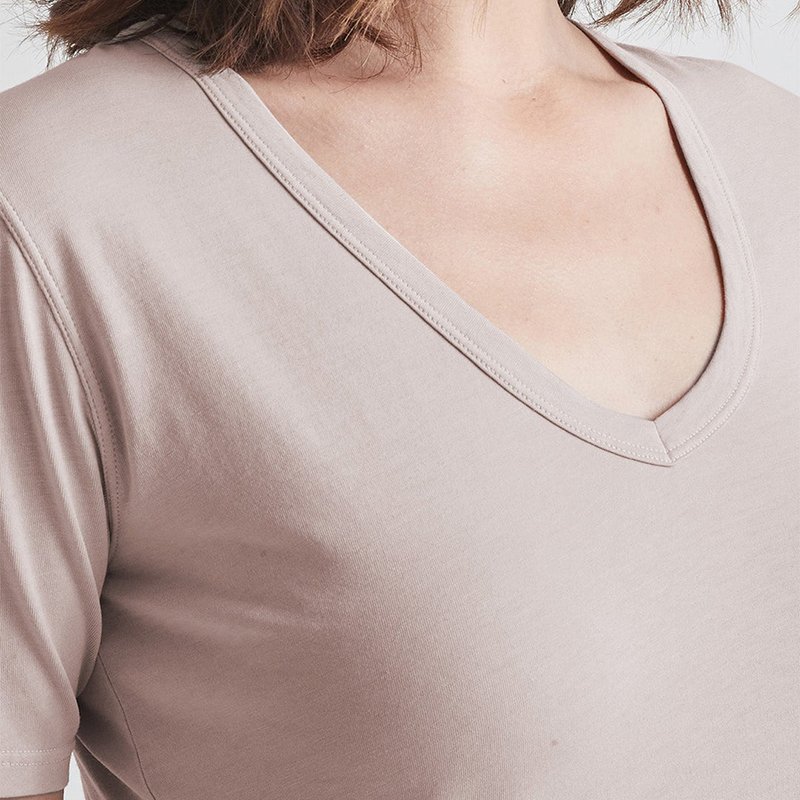 Custom Short Sleeve with Slightly Dropped Shoulders Semi-deep V neck Bamboo T shirt made from Organic bamboo and cotton fabrics