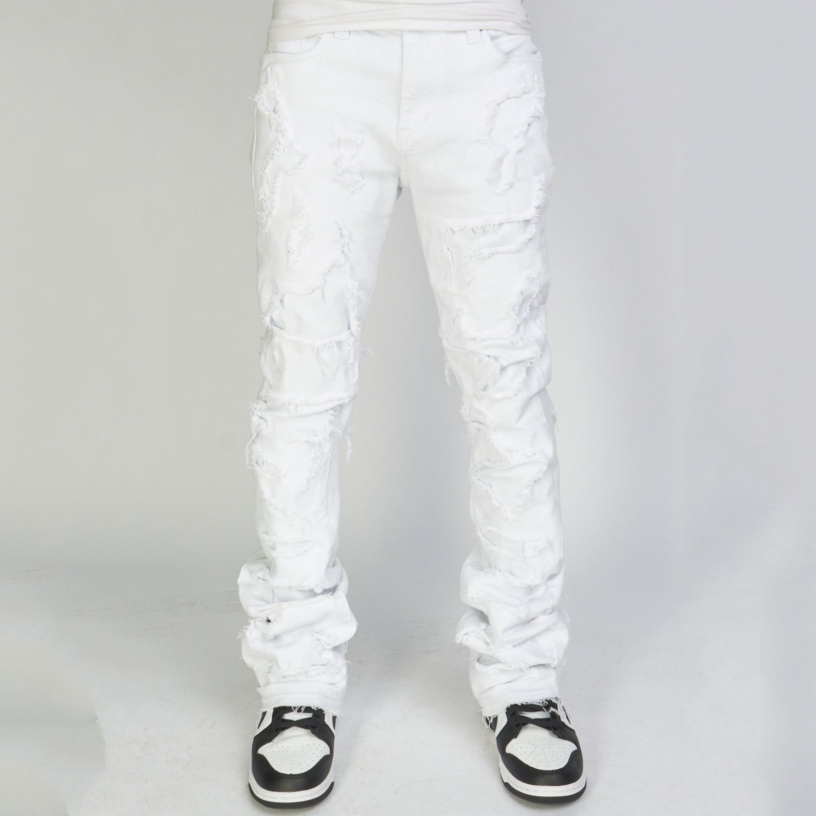 Fashion Men White Paneled Frayed Jeans Hip Hop Street Ripped Washed Detachable Design Denim Pants