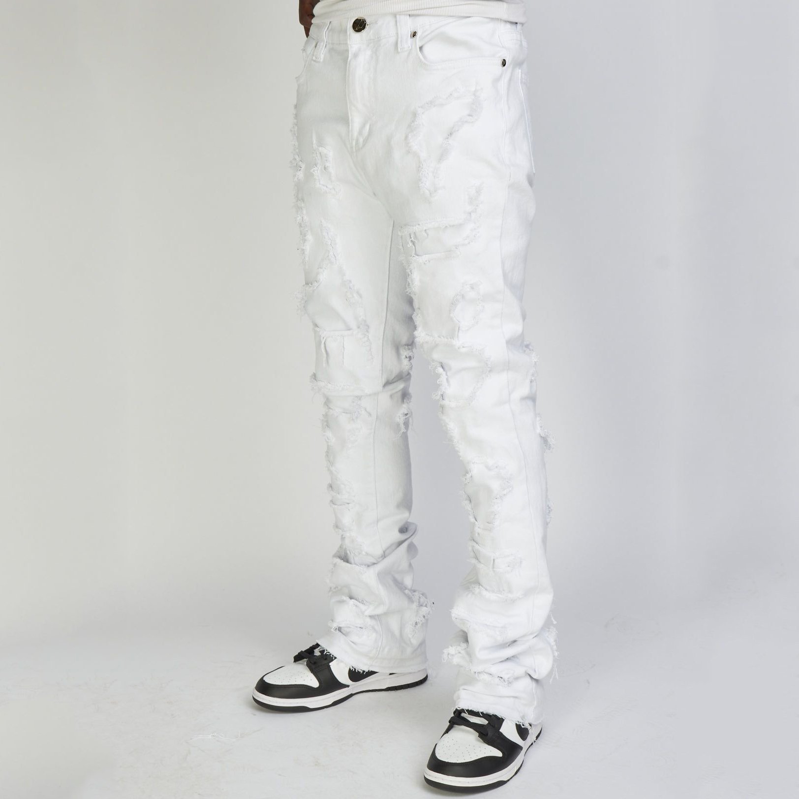 Fashion Men White Paneled Frayed Jeans Hip Hop Street Ripped Washed Detachable Design Denim Pants
