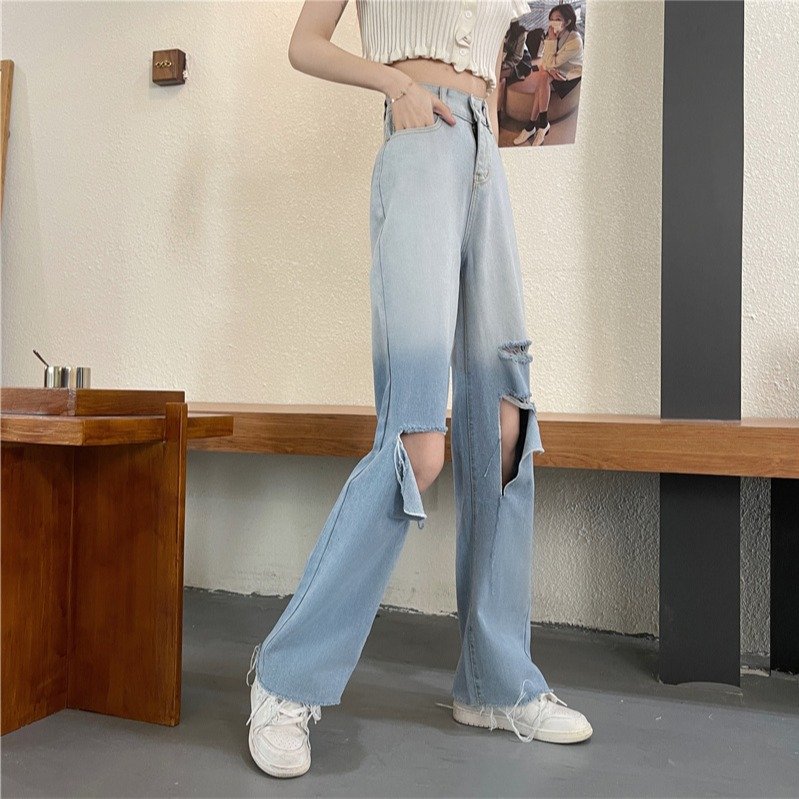 Boyfriend Style Ripped Denim Jeans With Distress Holes High Waist Wide Jeans Women Fall Plus Size Causal Baggy Jeans Women