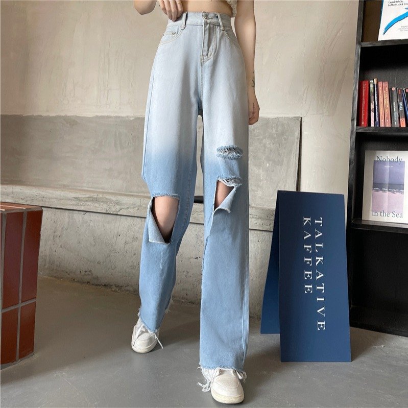 Boyfriend Style Ripped Denim Jeans With Distress Holes High Waist Wide Jeans Women Fall Plus Size Causal Baggy Jeans Women